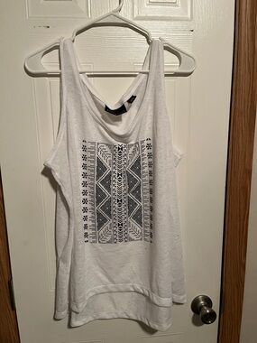 attention White Tank Top with Black Geometric Print